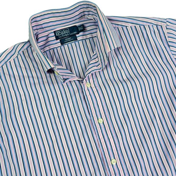 Polo Ralph Lauren Regent Button Front Shirt Men's 16.5 34/35 Pink Blue Striped - Picture 1 of 8